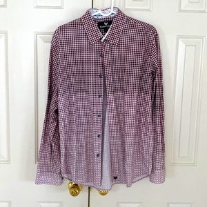 Mens Butter Cloth long sleeve red and gray ombré shirt.